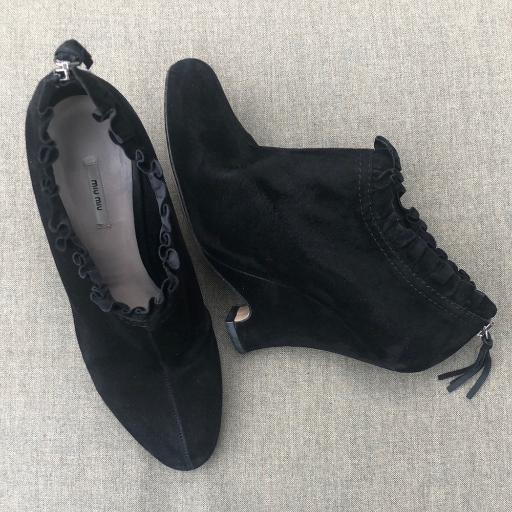 MIU MIU Black Suede Ankle Boot with Ruffle Detail & Sculpted Heel